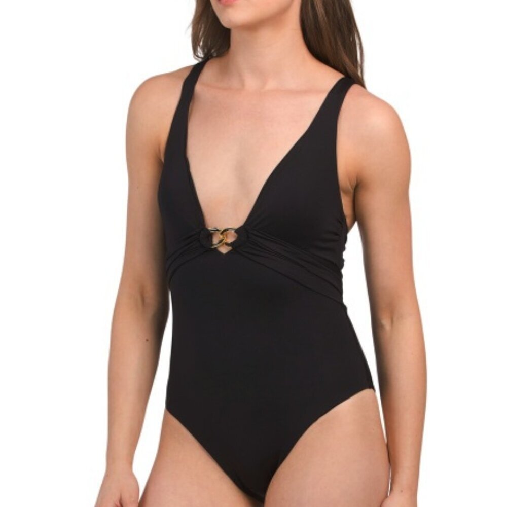 NWT Trina Turk Monaco Black Plunge One-Piece Swimsuit